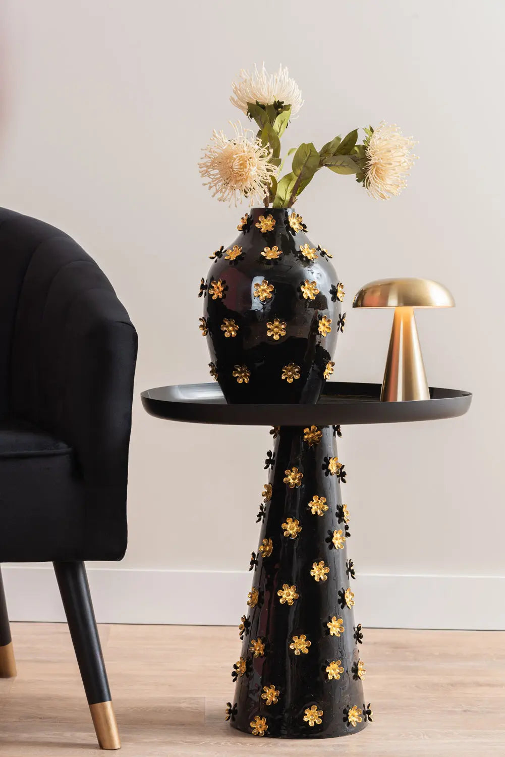 Side table Golden Flowers enamel black
