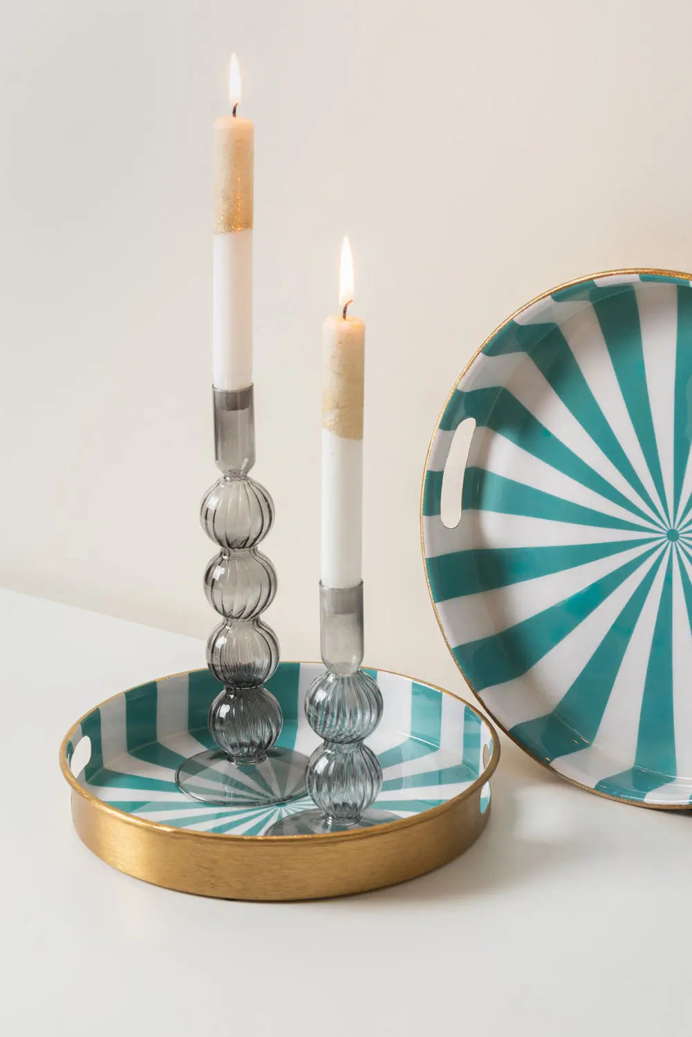 Tray set Candy Swirl enamel turquoise blue & white, Set of 2pcs