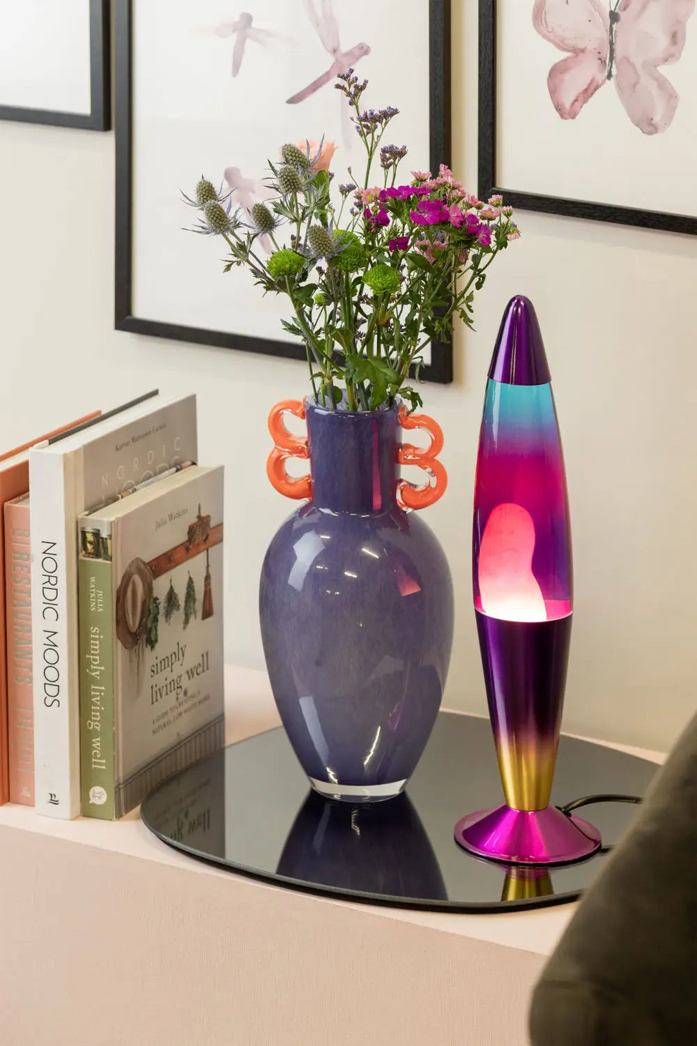Vase Fiesta glass large bright purple, orange handles